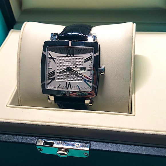 Tiffany & Co. Genuine Alligator & Stainless Steel Black Atlas Watch Gyromatic - Picture 2 of 16